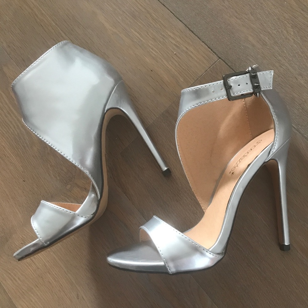 Jaycee futuristic matte silver ankle strap heels